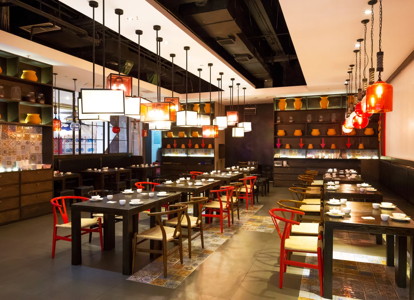 Elegant restaurant with wooden tables and chairs