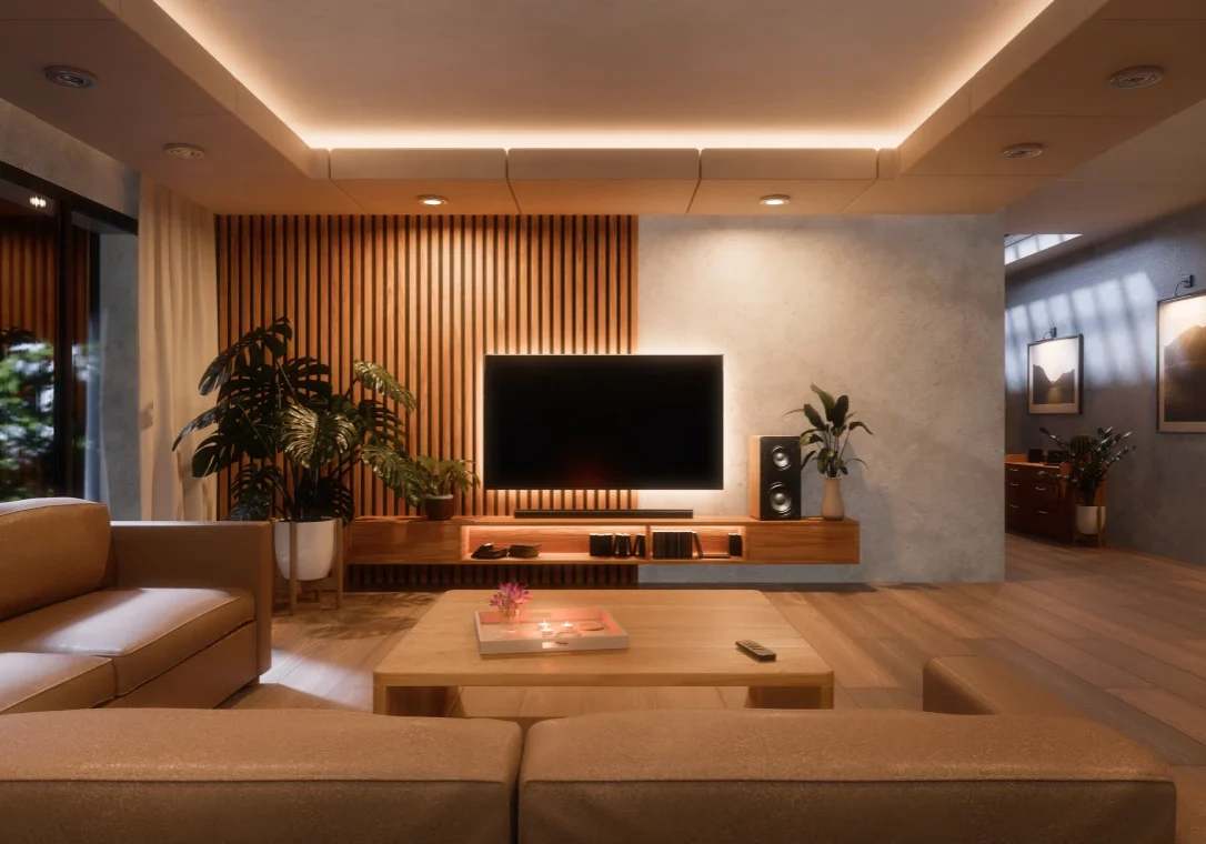 Modern living room with TV and plants